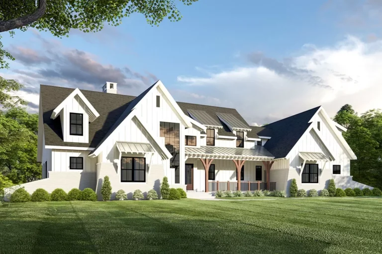 5-Bed Modern Farmhouse Plan with Unique Angled Garage (Floor Plan)