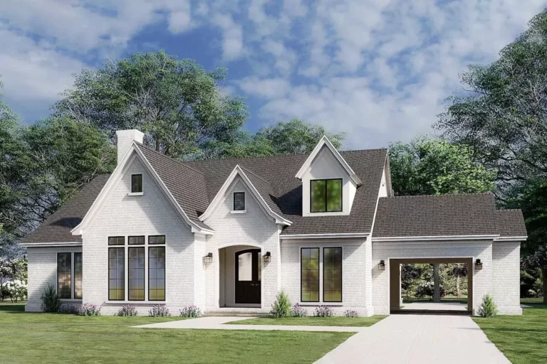 French Country-Inspired House Plan with Vaulted Great Room and a Porte Cochere (Floor Plan)