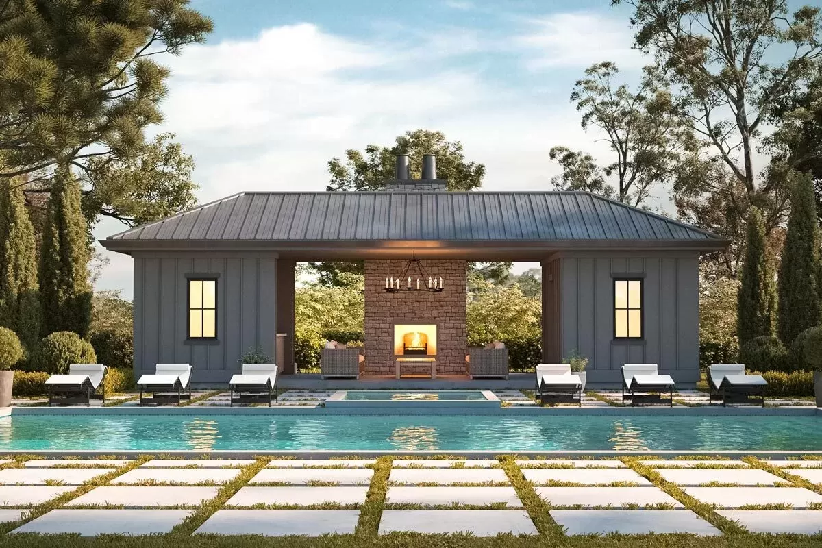 Pool House with a Contemporary Vibe and a Fireplace (Floor Plan) - Luxe ...