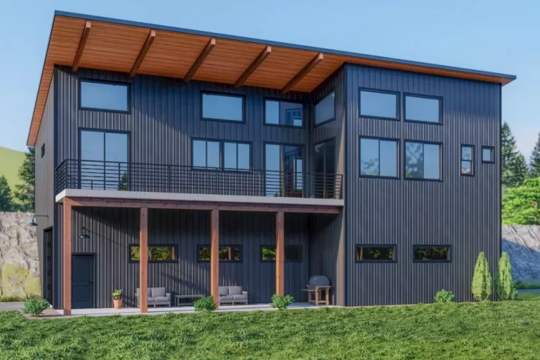 Mid-Century Modern House Plan with Lower Level Drive-Through Workshop (Floor Plan)