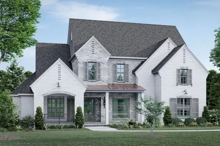 Exclusive Brick-clad Home Plan with Double-sided Fireplace and Rear Garage (Floor Plan)