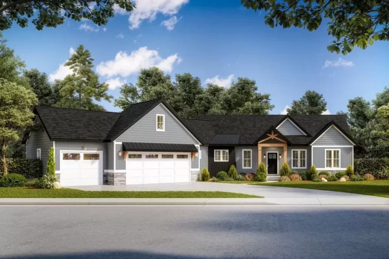 Exclusive One-story Craftsman Home Plan with Angled 3-Car Garage (Floor Plan)