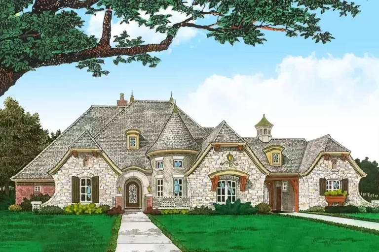 French Country House Plan with Attractive Turreted Dining Room (Floor Plan)