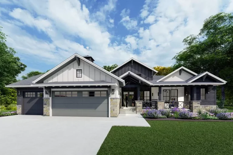 Modern New American Ranch Home Plan with Vaulted Great Room and Two Covered Patios (Floor Plan)