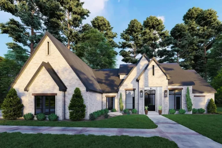 Modern One-Story European House Plan with Vaulted Master Suite and Rear Porch (Floor Plan)