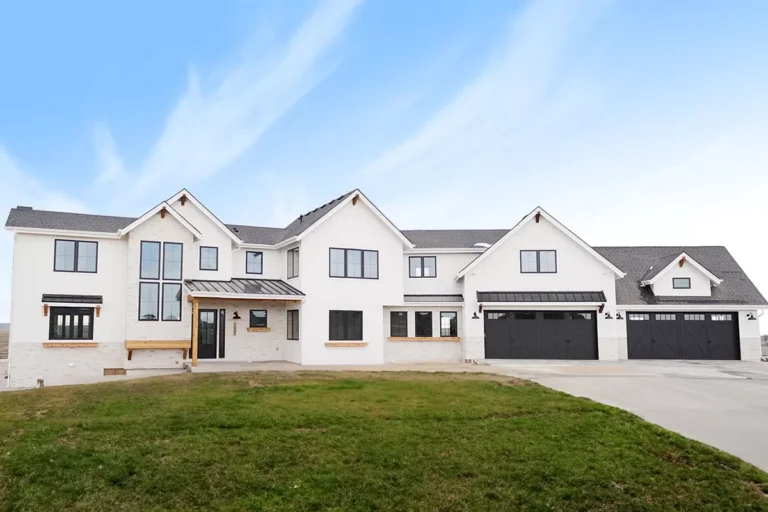 Multi-gabled Modern Farmhouse Plan with Angled 4-car Garage and School Room (Floor Plan)