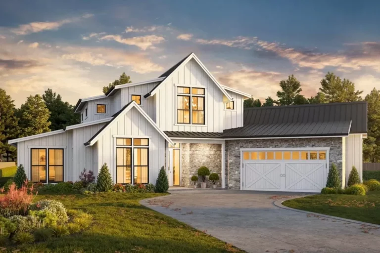 Rustic Modern Farmhouse Plan Under 2700 Square Feet with 4 Beds and an Angled 2-Car Garage (Floor Plan)