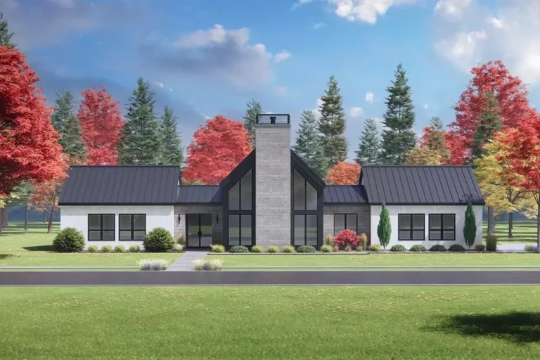 Symmetrical Scandinavian House Plan with Split Beds and Vaulted Living Spaces (Floor Plan)
