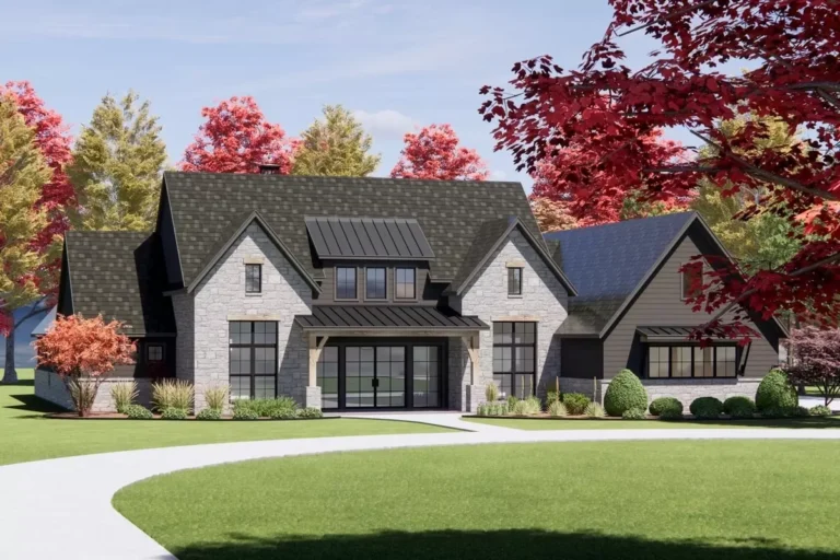 Transitional Farmhouse Plan with 4 Beds and a Home Office and an Outdoor Fireplace (Floor Plan)