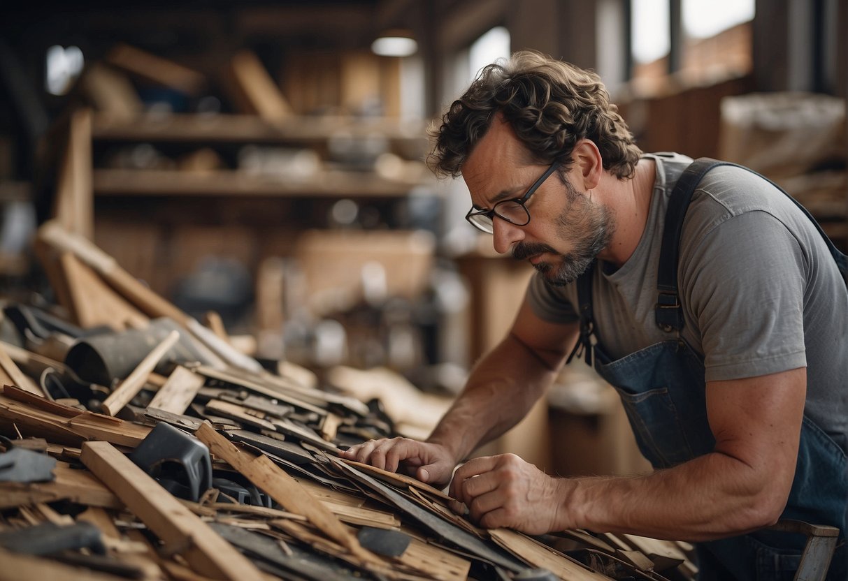 A person collects salvaged materials: wood, windows, and metal scraps. They gather tools and plan layout