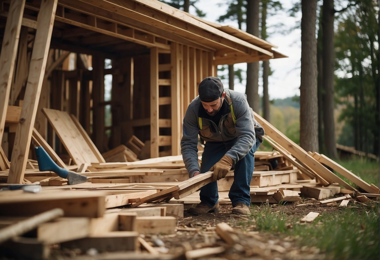 A person gathers discarded materials, like wood pallets and old windows, to construct a small house. They use hand tools to assemble the structure, adding a makeshift roof and salvaged siding