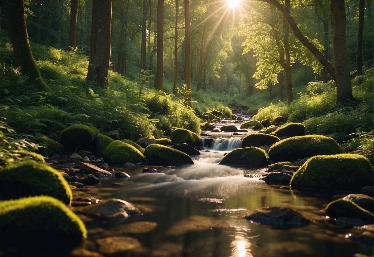 A lush forest clearing with a small stream, abundant sunlight, and ample space for construction materials