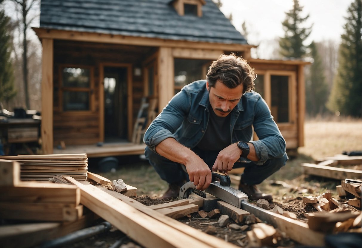 A person gathering salvaged materials, sawing and hammering, building a tiny house with no money