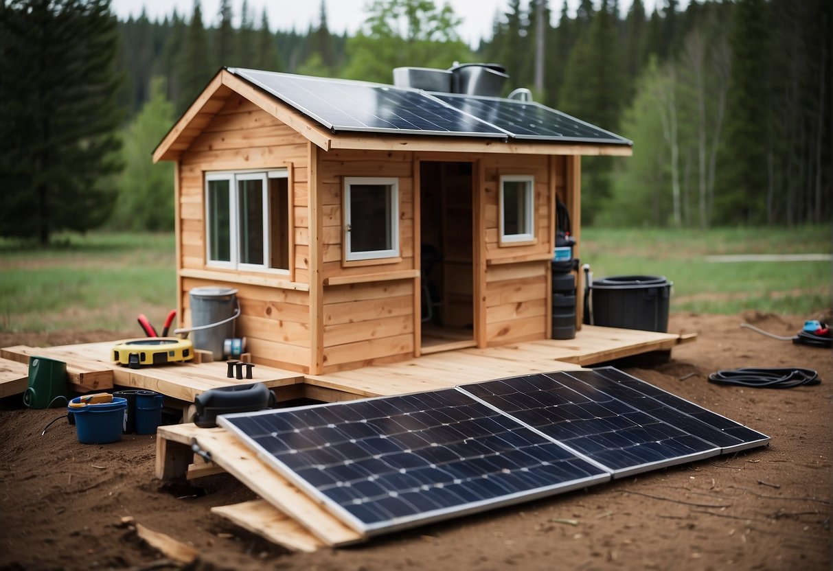 A tiny house under construction, with makeshift tools and salvaged materials. A solar panel and rainwater collection system are being installed