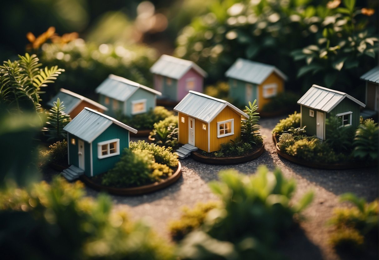 A cluster of tiny houses nestled in a lush Florida community, each home uniquely designed and surrounded by vibrant foliage
