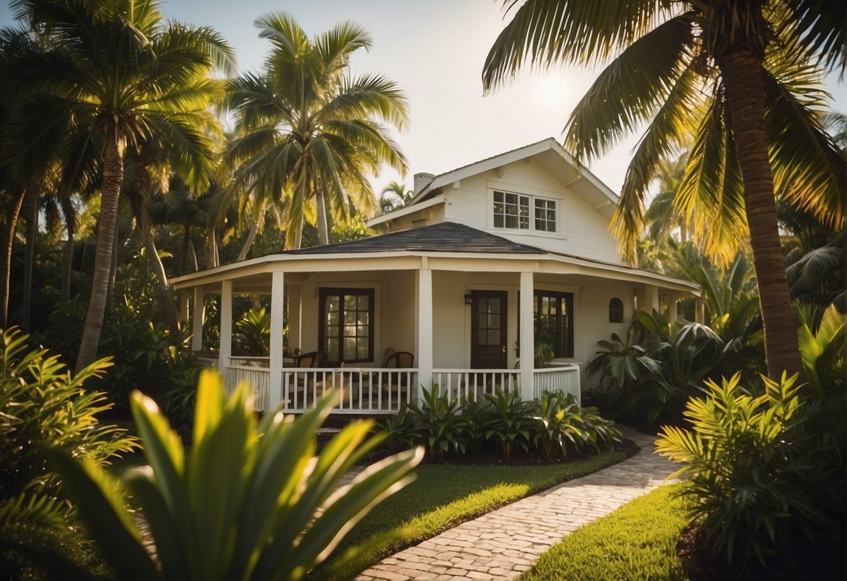 A small house sits on a lush Florida property, surrounded by palm trees and tropical vegetation. The sun shines down on the quaint structure, giving it a warm and inviting feel