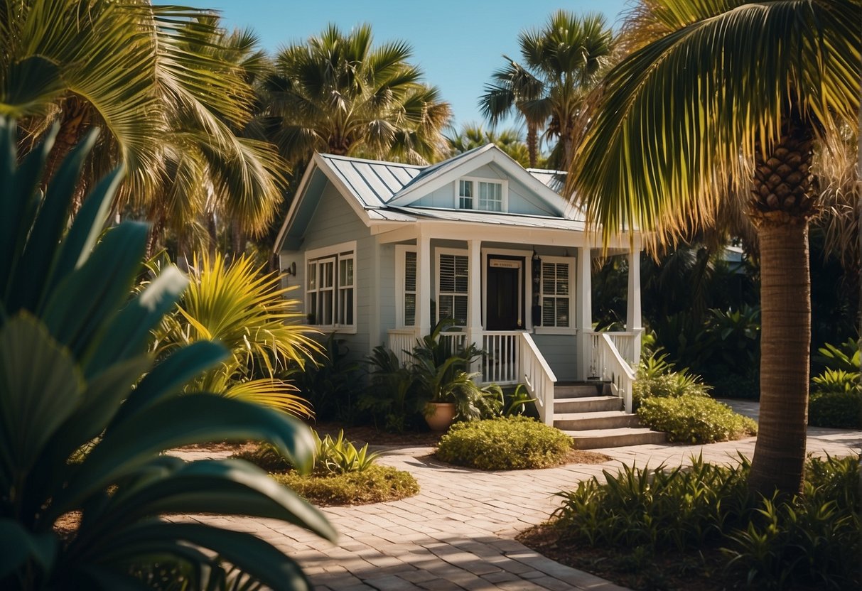 A sunny Florida property with a small, cozy tiny house nestled among palm trees and lush greenery, with clear blue skies overhead