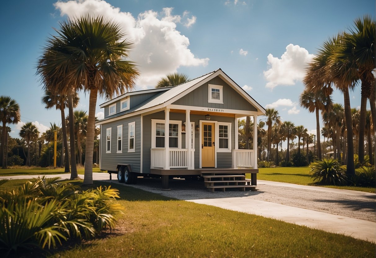 A sunny Florida landscape with a small, stylish tiny house nestled among palm trees and surrounded by specific county rules signage