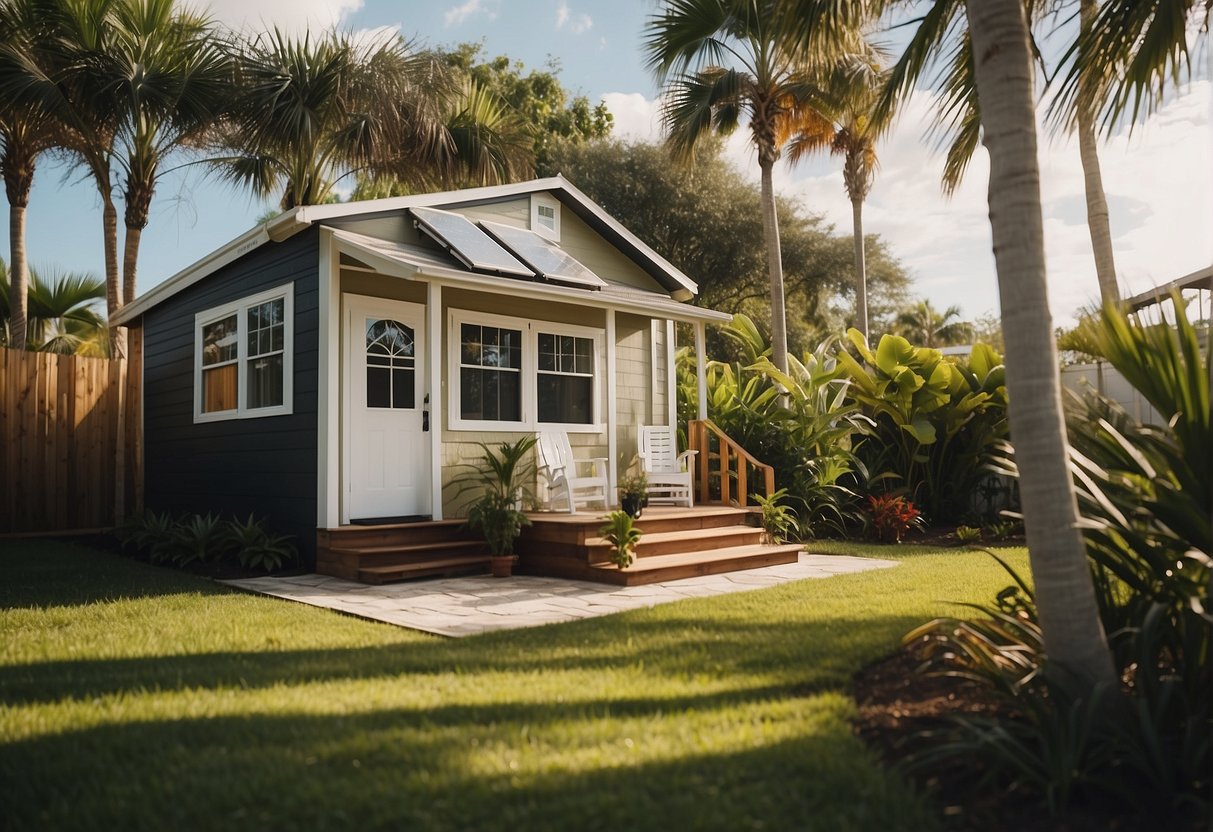A sunny Florida backyard with a small, stylish tiny house nestled among palm trees and tropical foliage