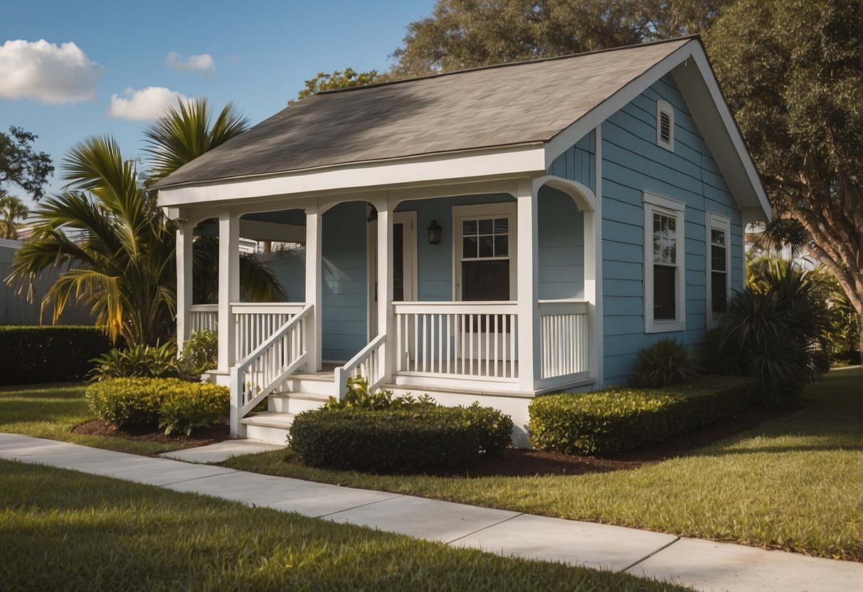 A small house sits on a Florida property, conforming to size and space regulations