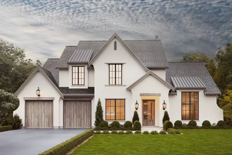 4 Bed Transitional House Plan with Vaulted Spaces Indoors and Out (Floor Plan)