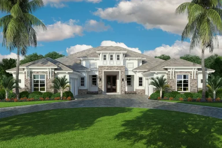 One-Level Coastal Mediterranean House Plan over 5,200 Square Feet with 4-Car Garage (Floor Plan)