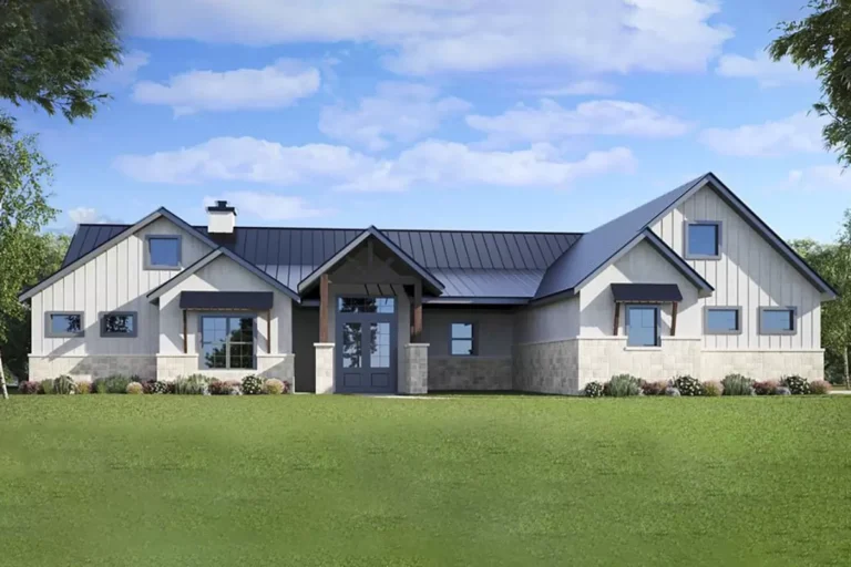 One-level Modern Hill Country House Plan with Split Bedrooms and Large Covered Porch (Floor Plan)