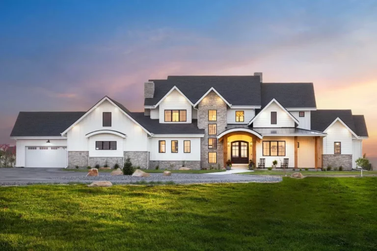 Transitional Farmhouse Plan with Home Office and 4-Car Garage and Lower Level Expansion (Floor Plan)