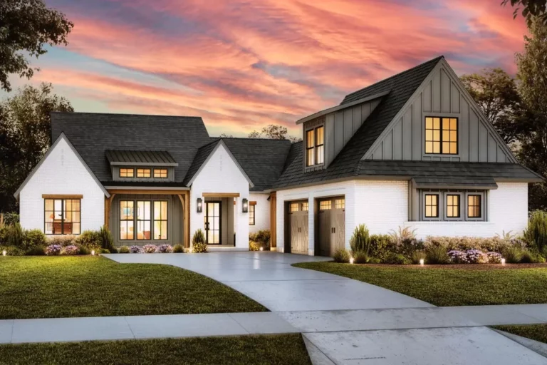 Transitional Farmhouse Plan with Two-Story Great Room and Outdoor Fireplace (Floor Plan)