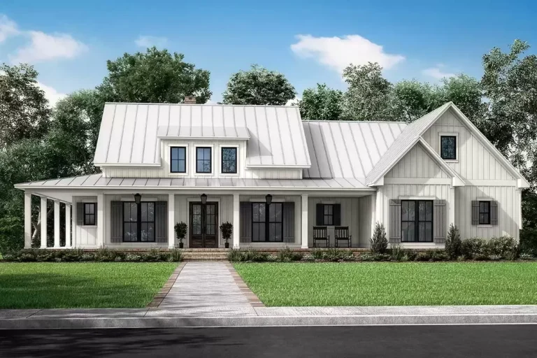 3-Bed Modern Farmhouse with 10'-Deep Wrap Around Porch and a Bonus Room (Floor Plan)