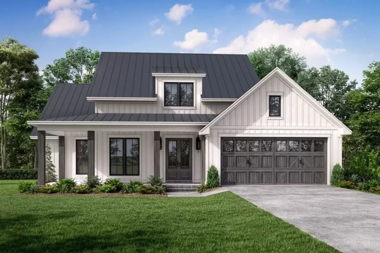 3-Bed Modern Farmhouse with L-shaped Front Porch (Floor Plan)