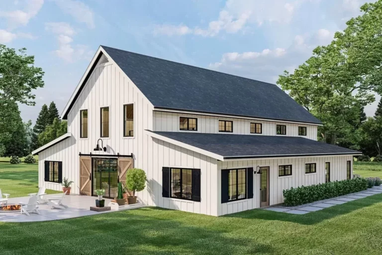 Barndominium-style House Plan with Home Office and Two-story Great Room (Floor Plan)