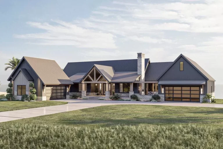Multi-Generational One-Story Lake House Plan with Main Floor Suite with Second Kitchen (Floor Plan)