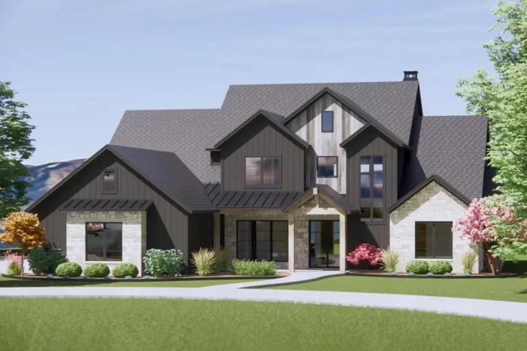 New American Craftsman Home Plan with 2-Story Living Room (Floor Plan)