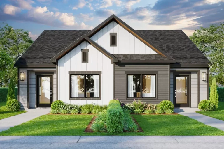 New American Duplex House Plan with 3 Bed 2 Bath Units – 1143 Sq Ft (Floor Plan)