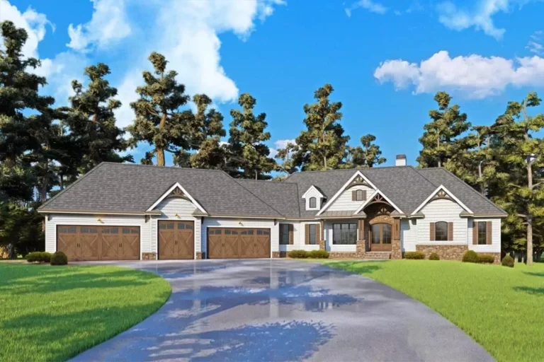 One-Story Mountain Craftsman House Plan with Angled 5-Car Garage – 4140 Sq Ft (Floor Plan)