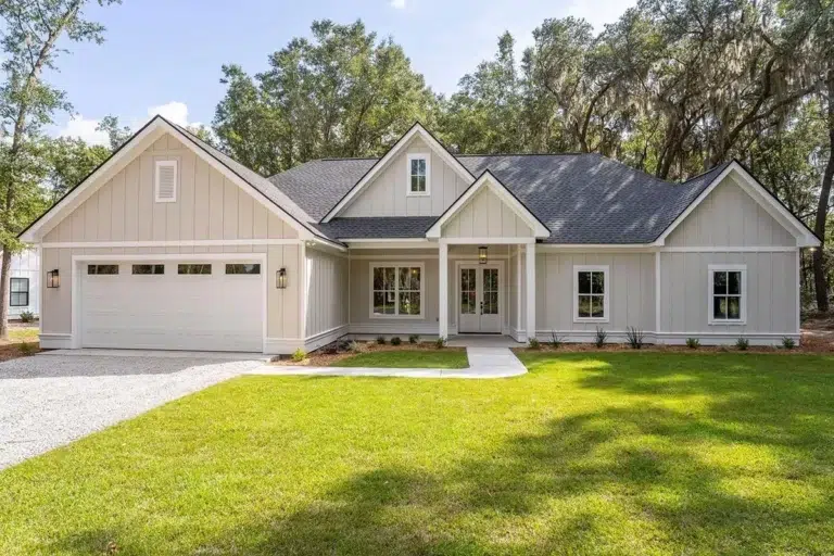 One-Story New American Farmhouse Plan with Outdoor Kitchen on Back Porch (Floor Plan)