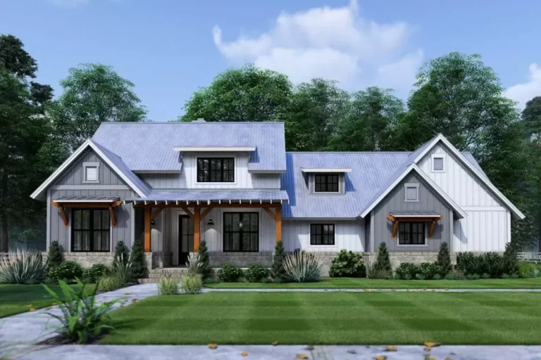3-Bed Modern Farmhouse Plan with Bonus Room – Under 1500 Sq Ft (Floor Plan)