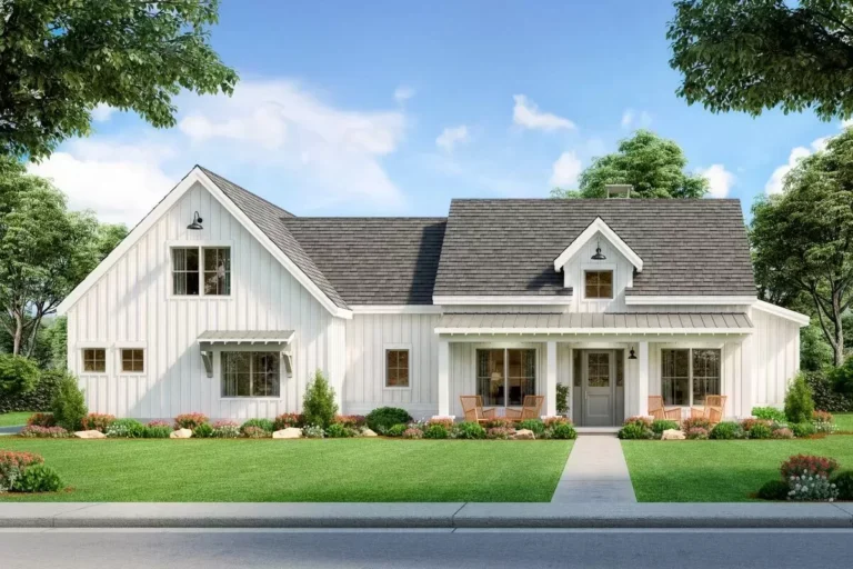 Exclusive Modern Split Bedroom Modern Farmhouse Plan with Large Covered Patio (Floor Plan)
