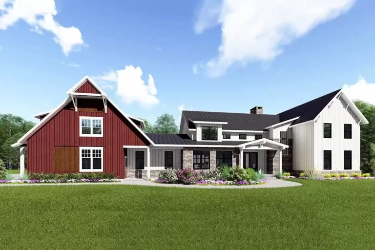 Modern Farmhouse Plan with Barn-like Garage with Bonus Above – 4744 Sq Ft (Floor Plan)