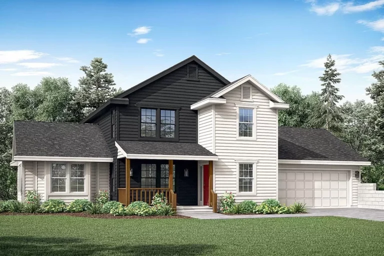 Modern Farmhouse Plan with Vaulted Living Room and Bedrooms Upstairs (Floor Plan)