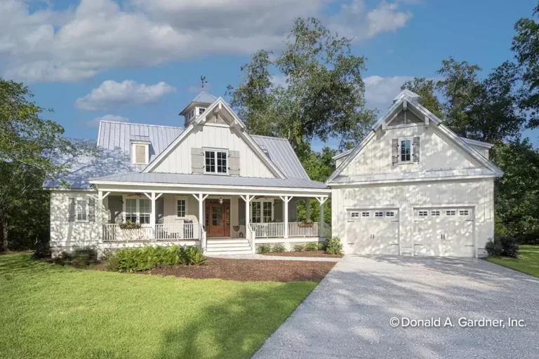 Modern Farmhouse with 2 Floors and an Angled 2-Car Garage (Floor Plan)