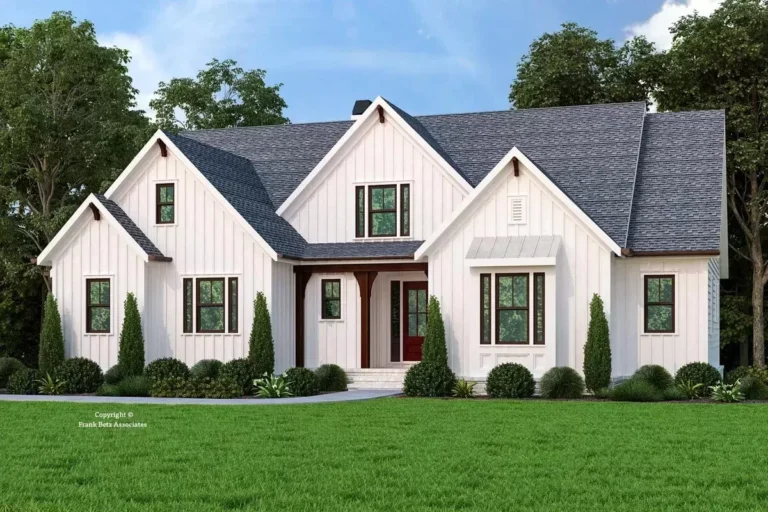 New American Farmhouse Plan with Central Gable and Vaulted Open Concept Layout (Floor Plan)