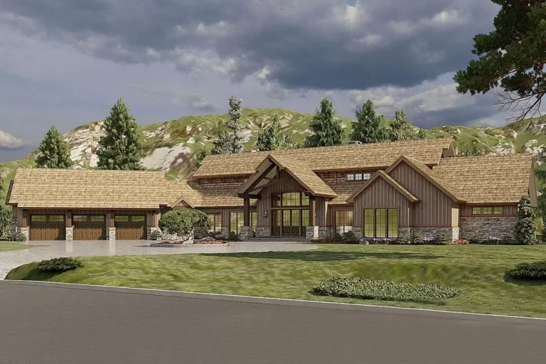 Sprawling Mountain House Plan with Luxurious Master Suite for a Rear Sloping Lot (Floor Plan)