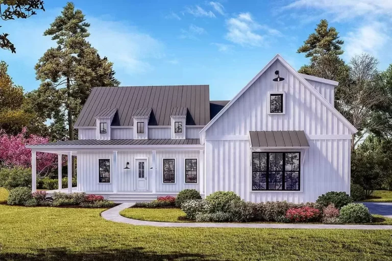 Modern Farmhouse Plan with 3 Shed Dormers and a Wraparound Porch (Floor Plan)