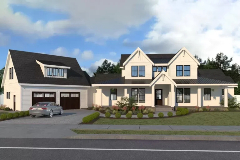 Beautiful 5-Bed Modern Farmhouse Plan with Angled 2-Car Garage (Floor Plan)