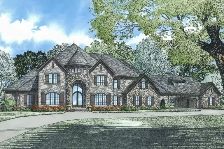 European-Style House Plan with Beautiful Entry Turret – 5493 Sq Ft (Floor Plan)