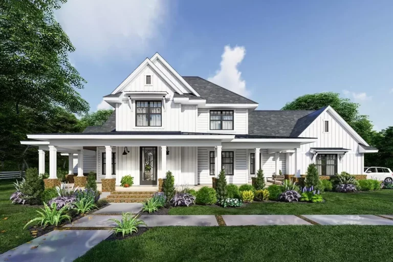Modern Farmhouse Plan with Private Bonus Room Over 3-Car Garage (Floor Plan)