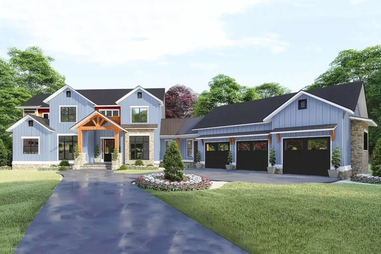 Spacious New American Farmhouse Plan with Angled 3-Car Garage (Floor Plan)