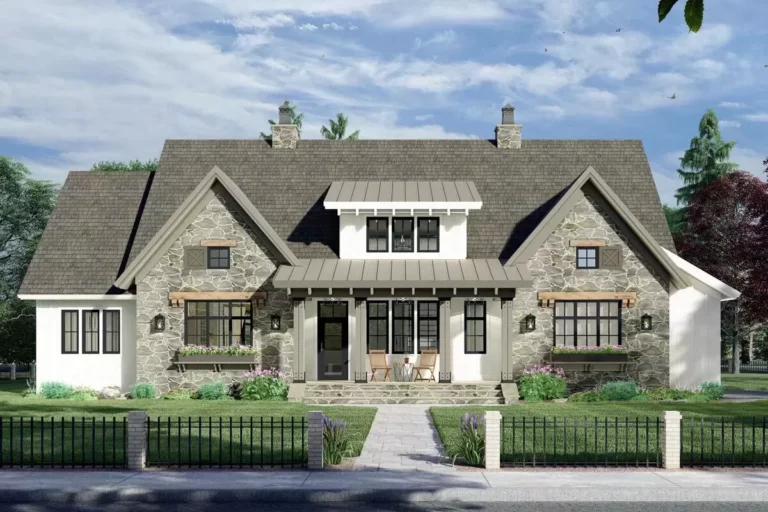 Stone and Wood 4-Bed Modern Farmhouse Plan – 2655 Sq Ft (Floor Plan)